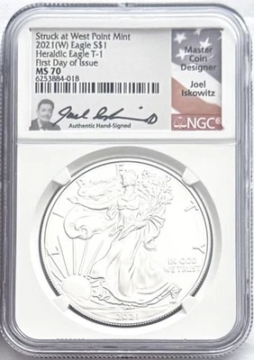 2021(W) SILVER EAGLE TYPE 1 STRUCK AT WEST POINT FDOI NGC MS70 JOEL ISKOWITZ - Image 1 of 2