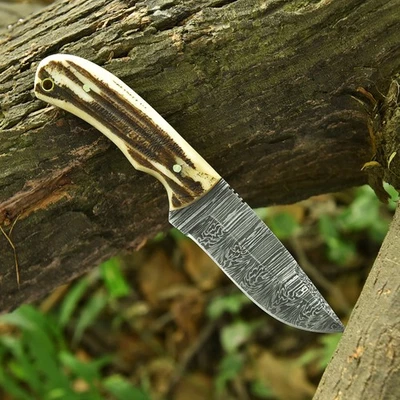 Cuchillo de caza hecho a mano con mango de asta personalizado hoja de acero Damasco de 8,1" con funda Foto 1 de 4