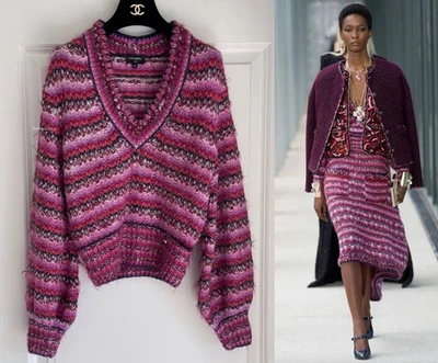 CHANEL 22A PASARELA ROSA PÚRPURA MULTICOLOR TEJIDO GRIPOIX CC SUÉTER JERSEY 34 XS Foto 1 de 4