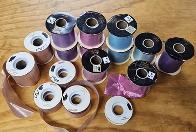 Lot of VTG Princess Ribbon Spools Champagne Silk Metallic Taffeta Mars Copper Foto 1 de 4