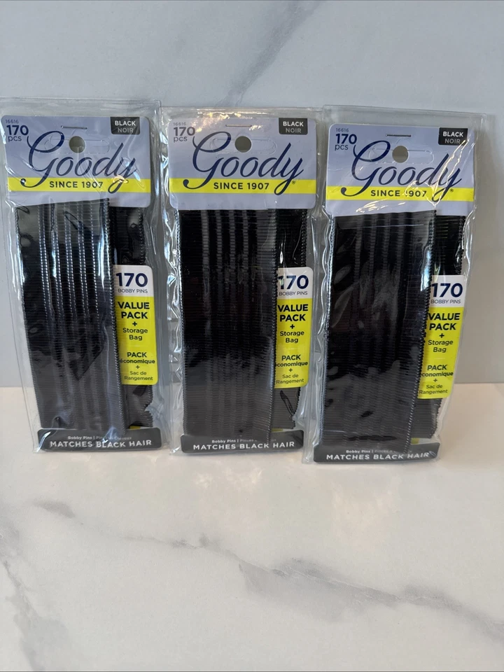 Goody Black Bobby Pins Packs w/ Storage Bags 170 Count Each - 510 Total