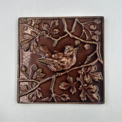 Antique Minton's China Works Art Pottery Brown Tile Bird On Branch Stroke/Trent - Image 1 of 4