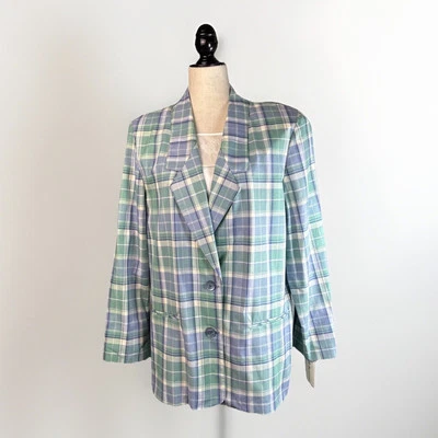 Blazer xadrez vintage Alfred Dunner 14 azul verde quadrado preppy 100% algodão EUA NOVO COM ETIQUETAS - Imagem 1 de 4