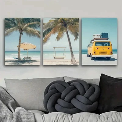 3pcs Beach with Palm Trees & Kombi Van Scene Wall Art Canvas Framed 50x70cm - Image 1 of 2