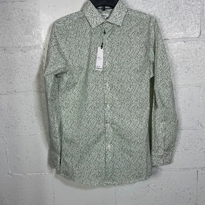 Camisa de vestir Bar III para hombre ajustada en contraste Vine, blanca verde pequeña $70 Foto 1 de 4