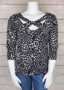 NEW! Jennifer Lopez Women's XL Black White Cross Neck Ruched Side Knit Blouse - Picture 1 of 5