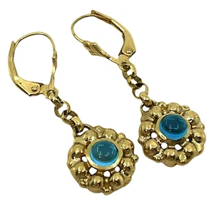 Blautopas Cabochon Blume Perlen Ohrhänger in 14k massiv Gelbgold - Bild 1 von 4