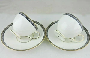 SET OF 2 Wedgwood PALATIA Footed Cup & Saucer Sets R4700 Blue & Gold Greek Key - Picture 1 of 3