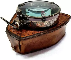 "Antica bussola vintage in ottone lettore di mappe nautiche navigazione e custodia in pelle 3" - Foto 1 di 5