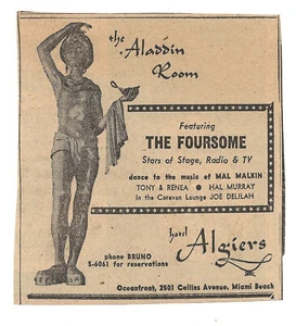Miami Beach FL -  1952 The Aladdin Room Ad - Hal Murray-Joe Delilah-The Foursome - Picture 1 of 2