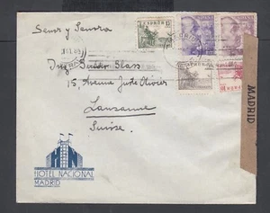 SPAIN 1941 WWII CENSORED HOTEL NACIONAL COVER MADRID TO LAUSANNE SWITZERLAND - Picture 1 of 2