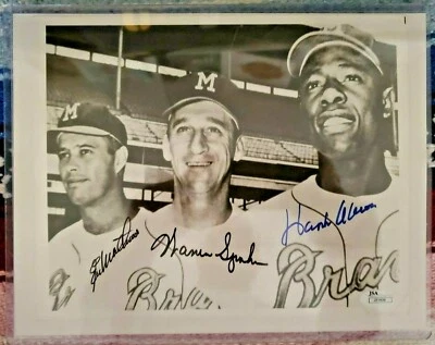 Hank Aaron, Eddie Mathews, Warren Spahn Autographed 8x10 photo JSA Authentic - Image 1 of 2