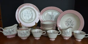 VTG HOMER LAUGHLIN Cavalier Eggshell Dinnerware Set (29) Pink Silver Trim - Picture 1 of 20