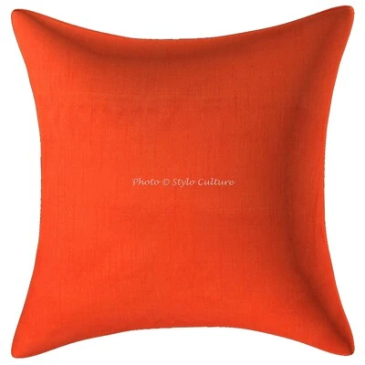 Indian Polydupion Throw Pillow Orange 16 x 16 Inch Solid Plain Cushion Cover - Image 1 of 3