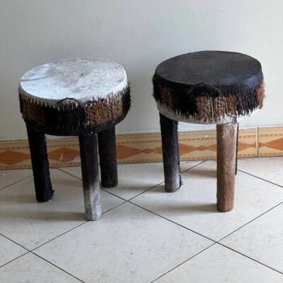 Two Cowhide Drum Coffee Stools - Image 1 of 4