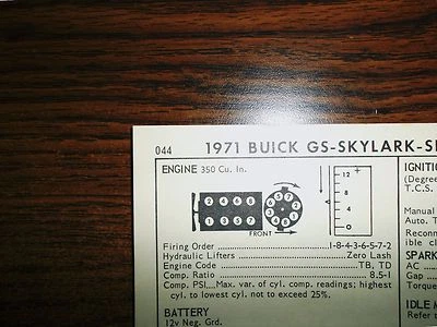 1971 Buick & GS EIGHT Series Models 260HP 350 CI V8 4BBL Tune Up Chart - Imagem 1 de 4