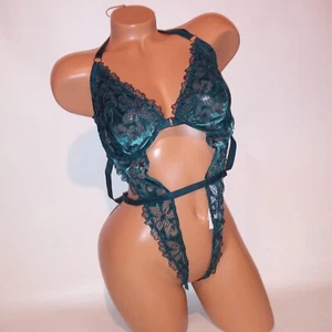 Victoria Secret Lencería Peluche Body Una Pieza XL Verde Terciopelo Encaje Tirantes - Imagen 1 de 14