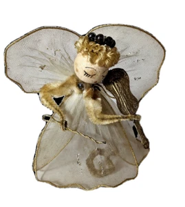 Angel w/Violin Bow Ornament Gold Wire w/Sheer Fabric, Hanging/Stand Vintage - Picture 1 of 8