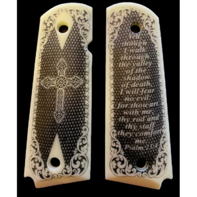 PMG 1911 Full-size Grips in Ivory Acrylic with Scrimshaw Scroll and 23rd Psalm image