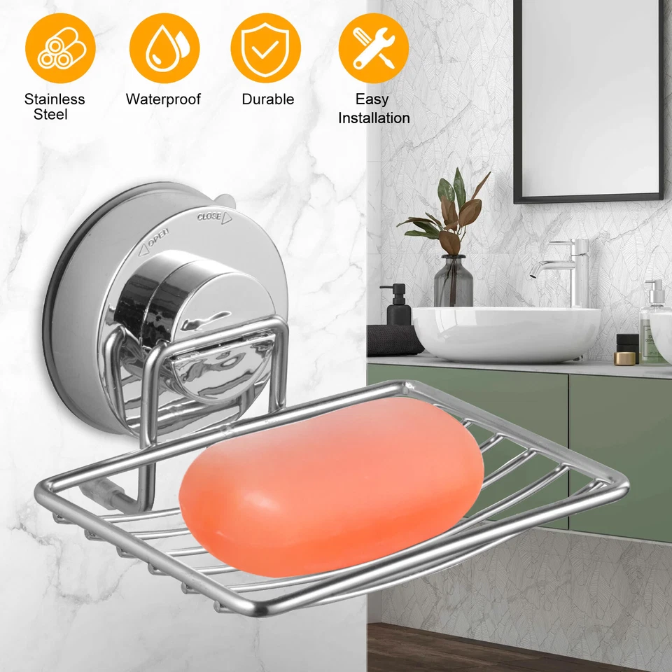 Jaboneros de acero inoxidable montados en la pared soporte de succión cesta de baño almacenamiento Foto 1 de 4