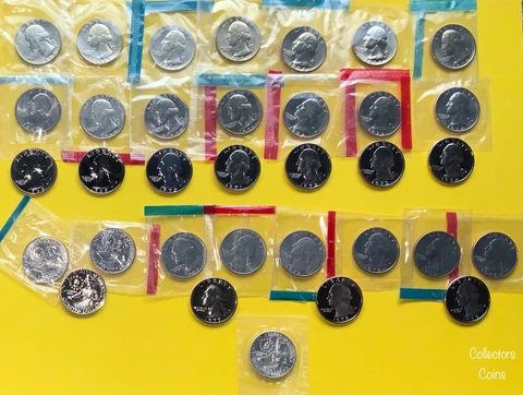 1968 - 1979 34 Washington Quarter PDS Set w22 P&D BU, 11 S Proofs + 1976 Silver Cover