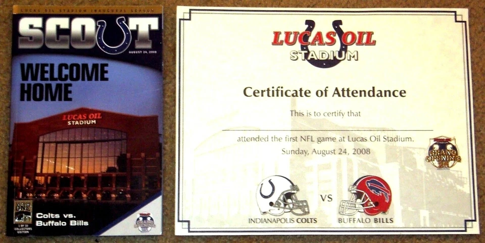 INDIANAPOLIS COLTS PROGRAM & CERTIFICATE FIRST GAME EVER @ LUCAS OIL STAD 2008 - Image 1 of 1