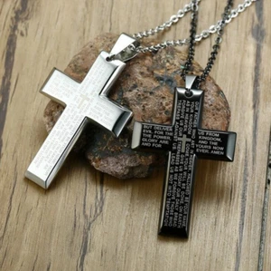 Men's 316L Stainless Steel Engraved "Our Father Prayer" Cross Pendant Necklace - Picture 1 of 8
