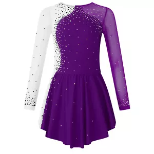Girls Shiny Rhinestone Contrast Color Long Sleeve Figure Ice Skating Dance Dress - Picture 1 of 42