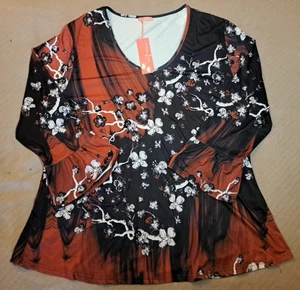 Simply Aster Womens Plus Black Floral Lace Neckline 3/4 Sleeve Tunic Blouse 1X - Picture 1 of 12