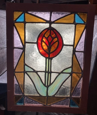 Antique Stained Glass Window Framed Leaded  Craftsman Vintage ~ 21"x16" Flower - Image 1 of 4