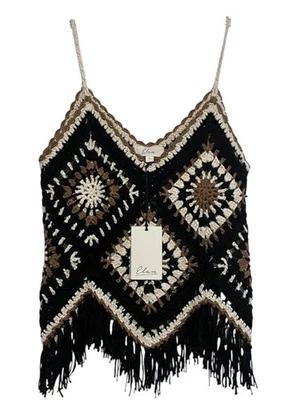 Tanque de malha Elan Western preto/marrom L franja de crochê patchwork resort caprichoso - Imagem 1 de 4