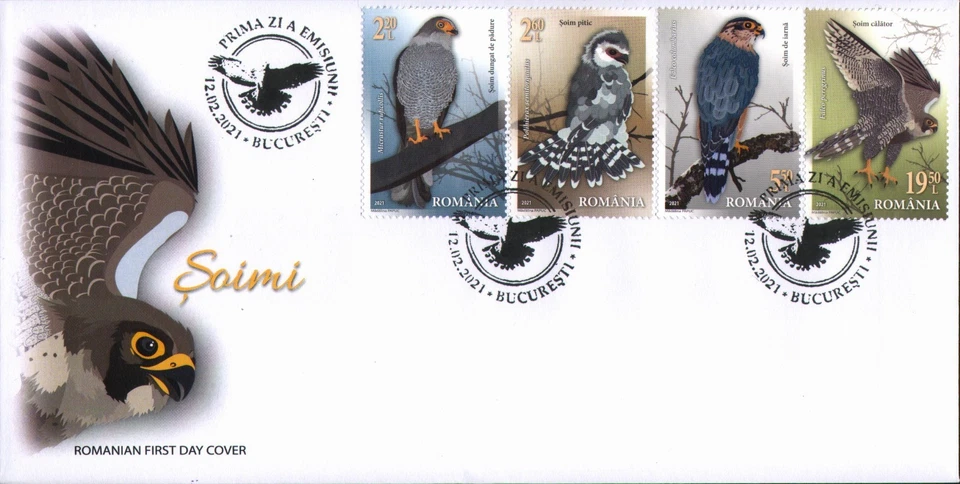 2021 Falcons,Sparrowhawk,Collared pygmy,Merlin,Peregrine falcon,Romania,7823,FDC - Image 1 of 1