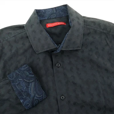 Camisa de Vestir Saks Fifth Avenue Negra Patrón de Paisley Puños Abatibles XL Extra Grande Foto 1 de 4