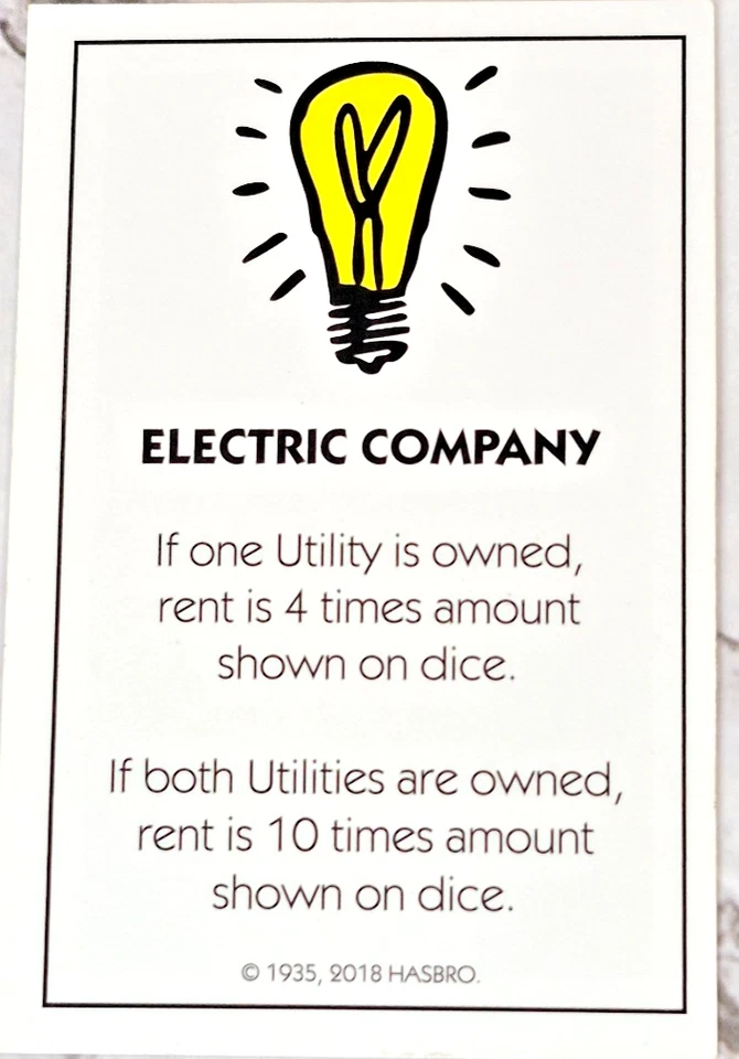 Pieza de tarjeta de repuesto vintage Monopoly 2018 Electric Company Token Madness juego Foto 1 de 1
