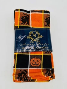 Set of 4 Newtex Studio Halloween Napkins Orange Black Cats Pumpkins Cotton - Picture 1 of 2