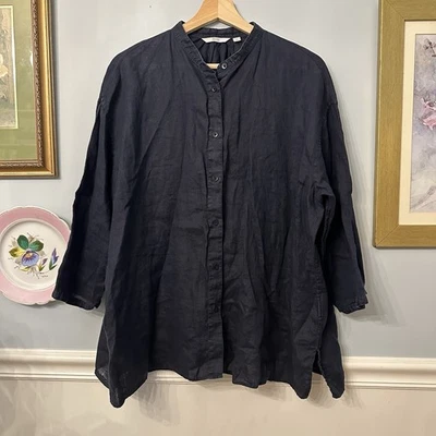 Camisa Uniqlo Mujer Lino XL Azul Marino Abotonada Minimalista Logenlook Viaje Foto 1 de 4