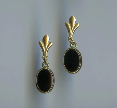 Серьги-гвоздики из чистого желтого золота 14 карат 1,20 грамма 8 мм овальный черный оникс лист лепесток *FM - Изображение 1 из 2