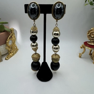 Runway Statement Dangle Earrings Gold Black Silver Beads Vintage Glam Look - Image 1 of 4