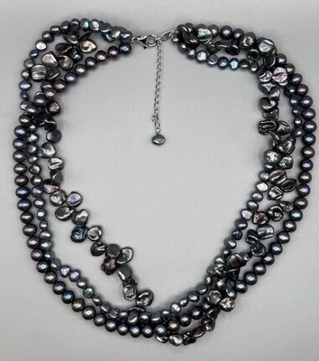 Triple Strand Black Peacock Cultured Pearl 18-20" Necklace w/ 925 clasp, chain - Image 1 of 4