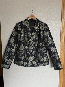 Venus Floral Metallic Jacquard Blazer Jacket Size 10 Gold Navy Black - Picture 1 of 7