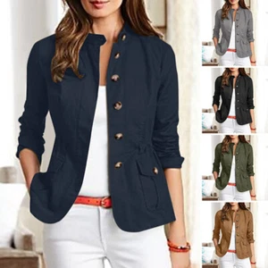 Women Single Breasted Long Sleeve Military Jacket Casual Slim Coat Casual Blazer - Picture 1 of 17