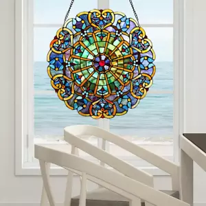 Window Panel Multi-Colored Stained Glass Spider Webbed Heart Pattern Handcrafted - Picture 1 of 11