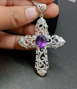 Massiver Sterling Silber Amethyst KREUZ Anhänger Edelstein Schmuck Geschenk zu Weihnachten - Bild 1 von 4