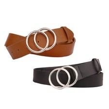 Pack of 2 Chic Leather Trouser Dress Belt Metal Ring Waist Strap 1.3''