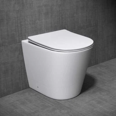 Bathroom Toilet Pan Ceramic Back To Wall Round Rimless WC+ Soft Close Seat 400mm