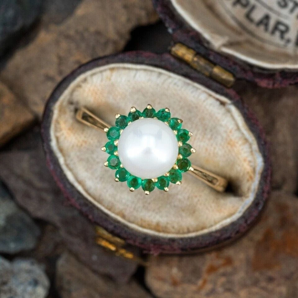 Round Cut Lab Created Emerald Pearl Ring for Mother's Day 14k Yellow Gold Plated - Image 1 of 4