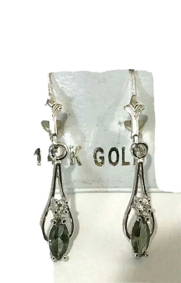 New 14k White Gold Marquise Peridot w/Dias. Hanging Earrings Foto 1 de 1