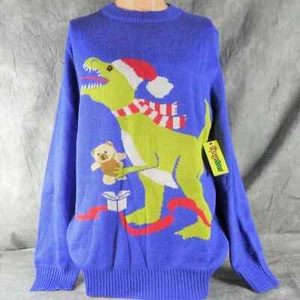 NWT TIPSY ELVES Ugly Christmas Sweater T-REX in Santa Hat with Teddy Bear 9269 - Picture 1 of 1