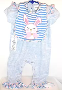 RARE EDITIONS 2 Pc Blue Floral Trim Jumpsuit w Bunny Bib Size 12mos Easter NWT - Picture 1 of 7