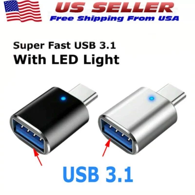 LED USB-C 3.1 Male to USB A Female Adapter Converter OTG Type C Android Phone - Image 1 of 4